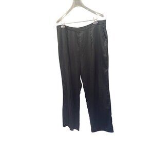 Vintage Black Satin Wide-Leg Womens Pants With Side Pockets & Back Zipper Closur